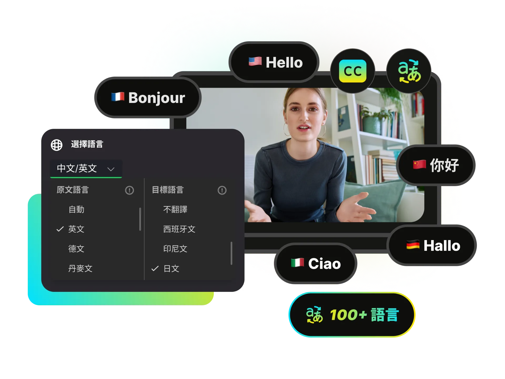 影片介面顯示字幕正在被翻譯成多種語言